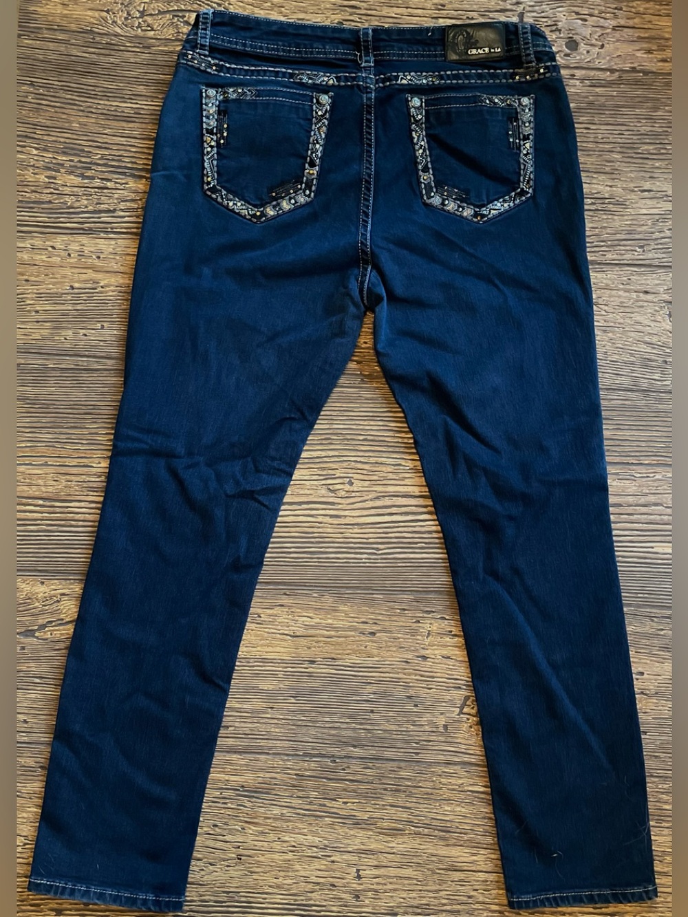 Grace in LA Women's 34 X 29 Dark Blue Skinny Jeans with Embellished Back Pockets